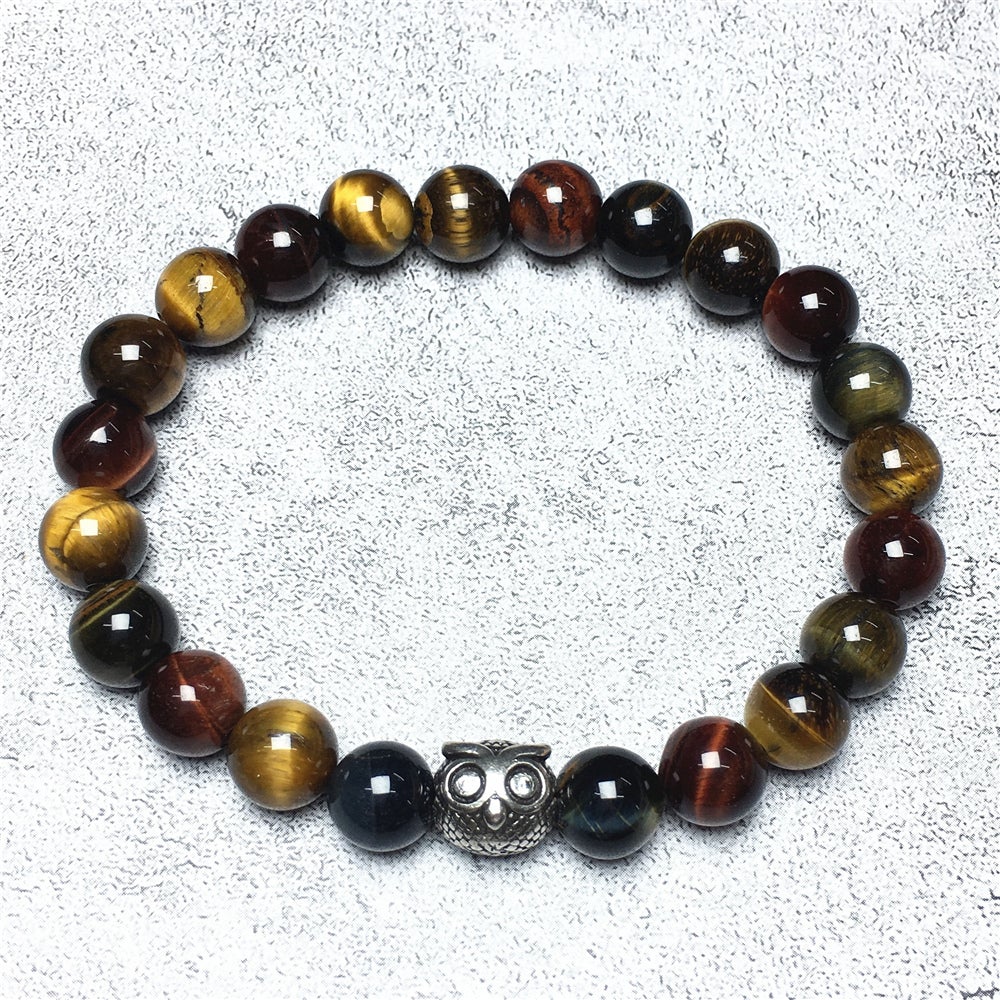 Natural Colorful Tiger Eyes Gemstone Elastic Handmade Beaded Bracelet Adjustable Bracelet Owl Design