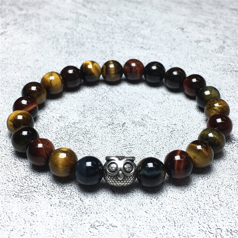 Natural Colorful Tiger Eyes Gemstone Elastic Handmade Beaded Bracelet Adjustable Bracelet Owl Design