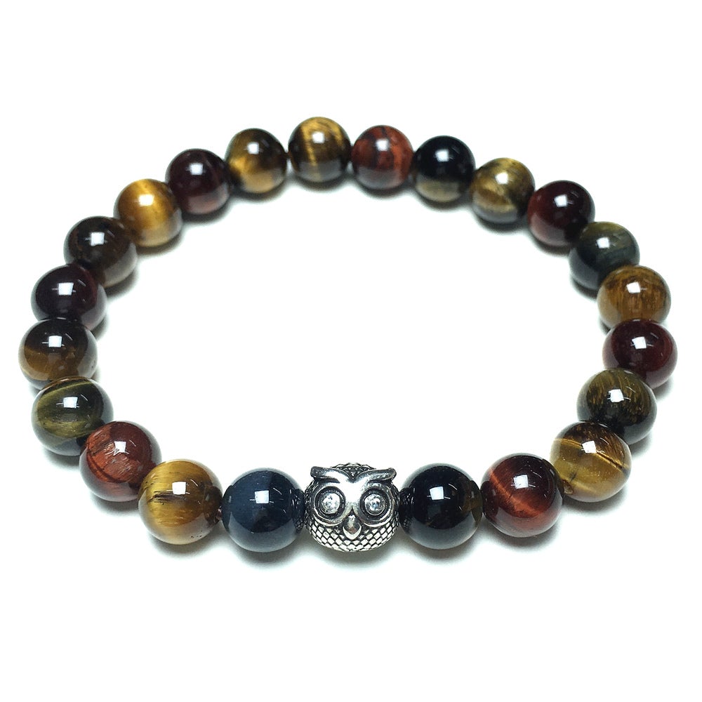 Natural Colorful Tiger Eyes Gemstone Elastic Handmade Beaded Bracelet Adjustable Bracelet Owl Design