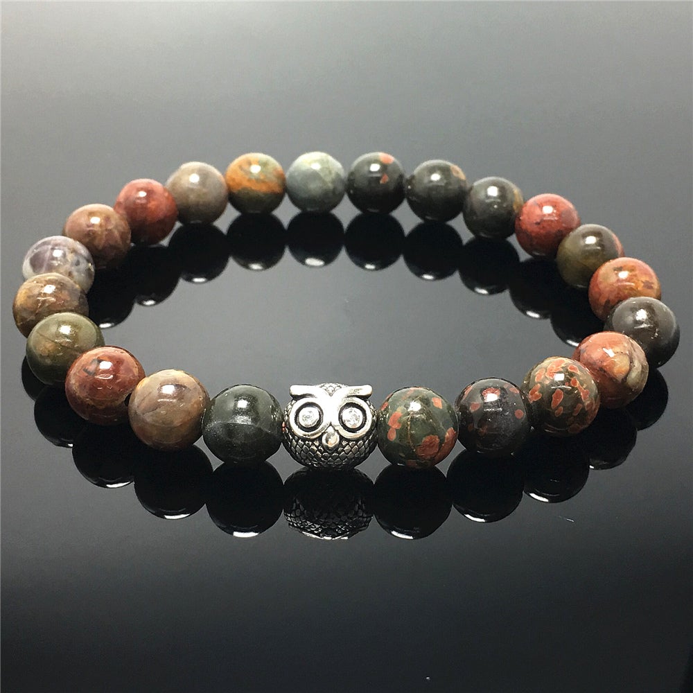 Natural Picasso Jasper Gemstone Elastic Handmade Beaded Bracelet Adjustable Bracelet Owl Design