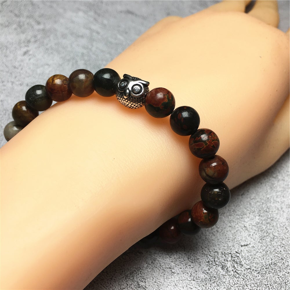 Natural Picasso Jasper Gemstone Elastic Handmade Beaded Bracelet Adjustable Bracelet Owl Design