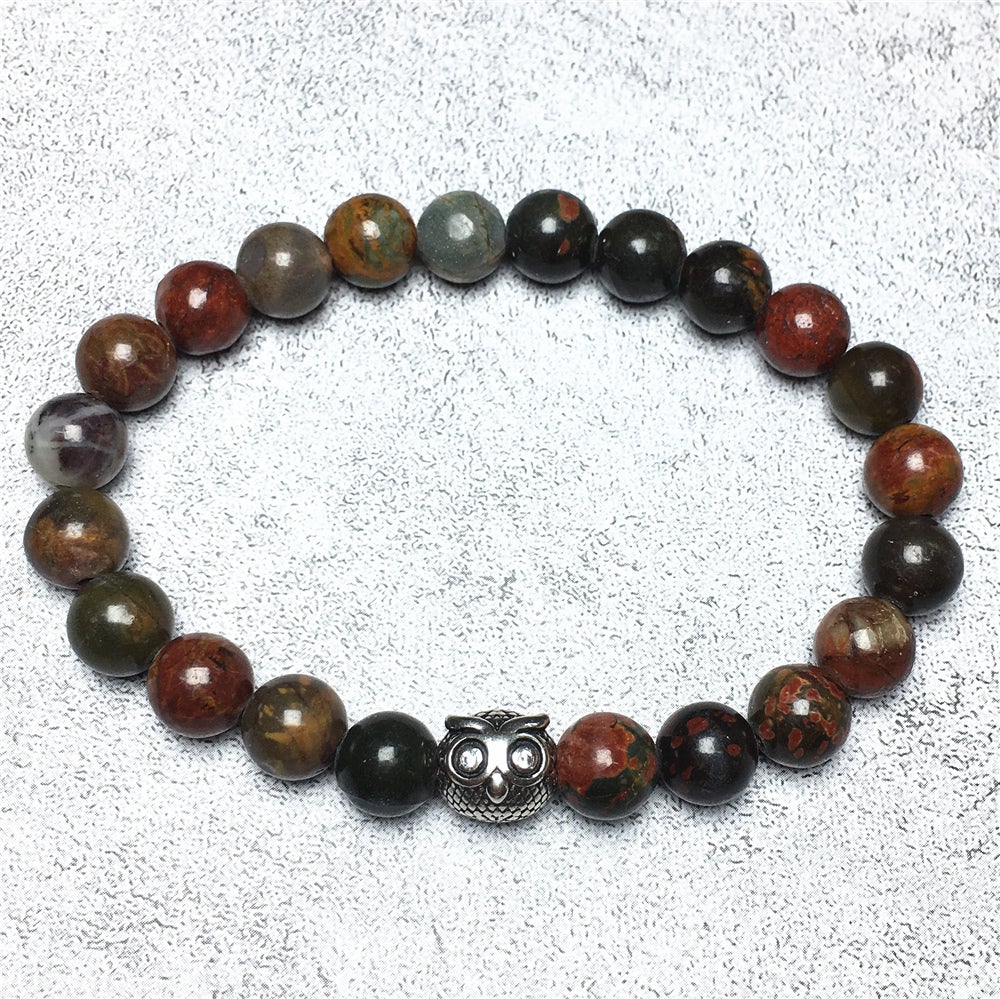 Natural Picasso Jasper Gemstone Elastic Handmade Beaded Bracelet Adjustable Bracelet Owl Design