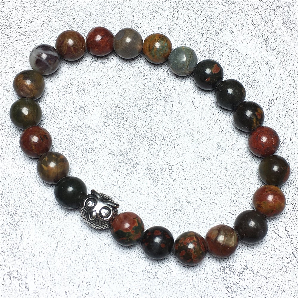 Natural Picasso Jasper Gemstone Elastic Handmade Beaded Bracelet Adjustable Bracelet Owl Design