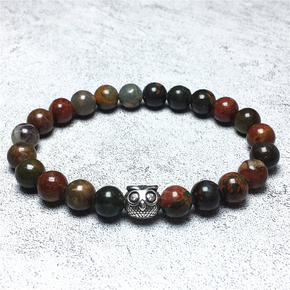 Natural Picasso Jasper Gemstone Elastic Handmade Beaded Bracelet Adjustable Bracelet Owl Design