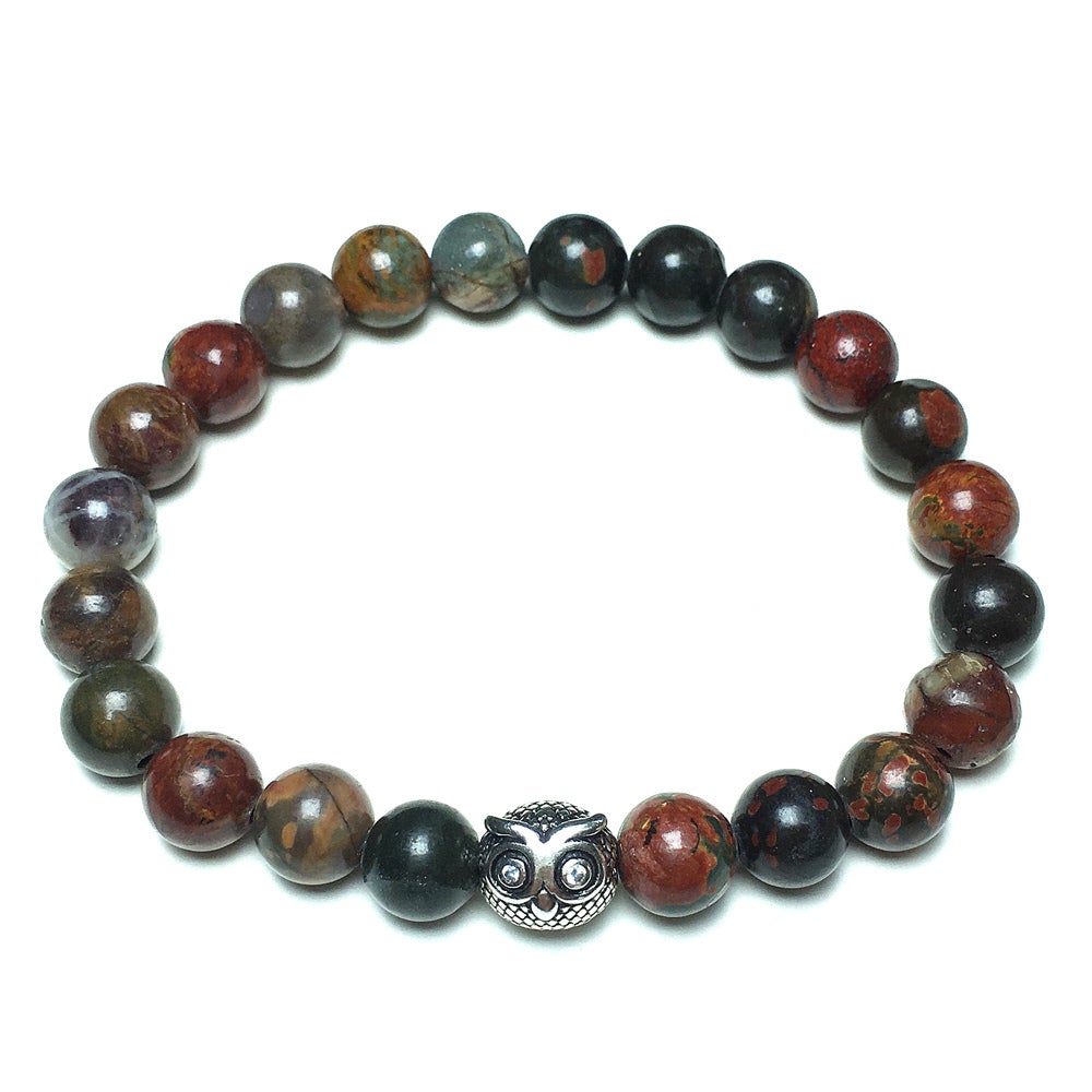 Natural Picasso Jasper Gemstone Elastic Handmade Beaded Bracelet Adjustable Bracelet Owl Design