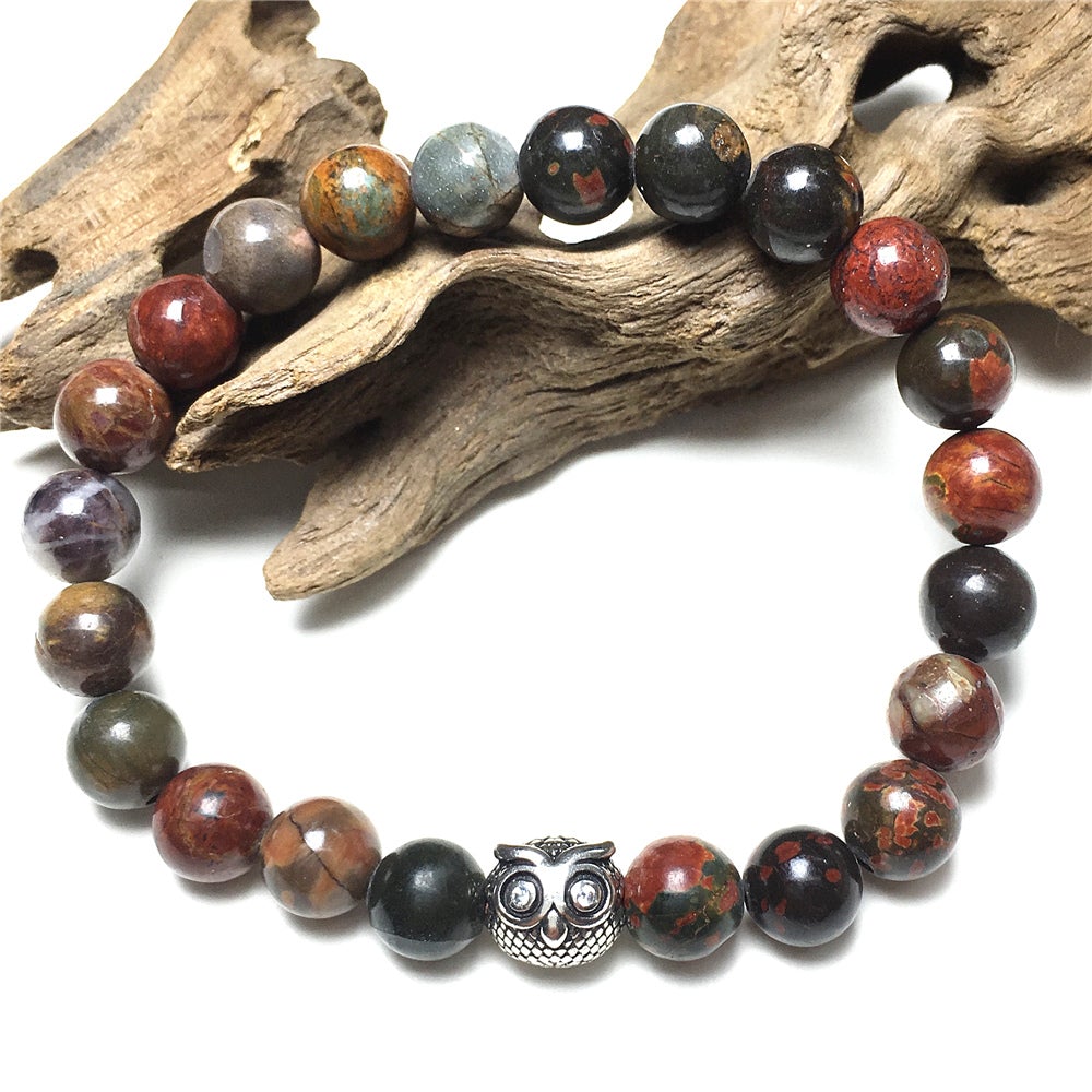 Natural Picasso Jasper Gemstone Elastic Handmade Beaded Bracelet Adjustable Bracelet Owl Design