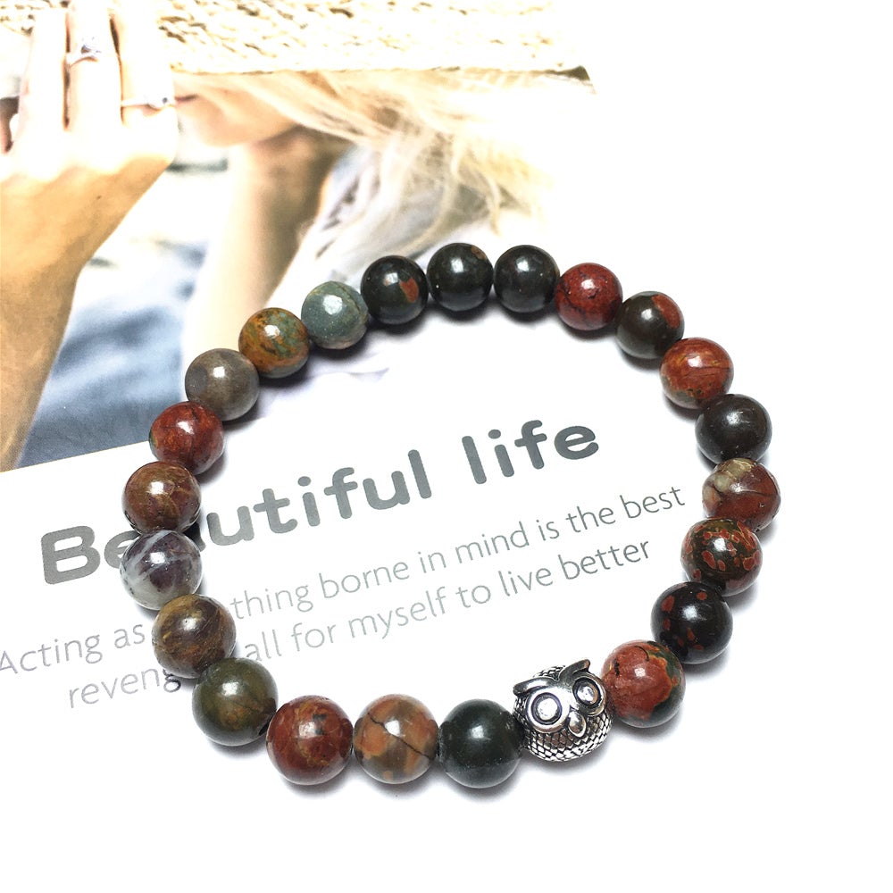 Natural Picasso Jasper Gemstone Elastic Handmade Beaded Bracelet Adjustable Bracelet Owl Design