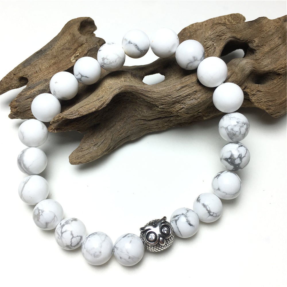 Natural Howlite Gemstone Handmade Beaded Bracelet Adjustable Bracelet Owl Design