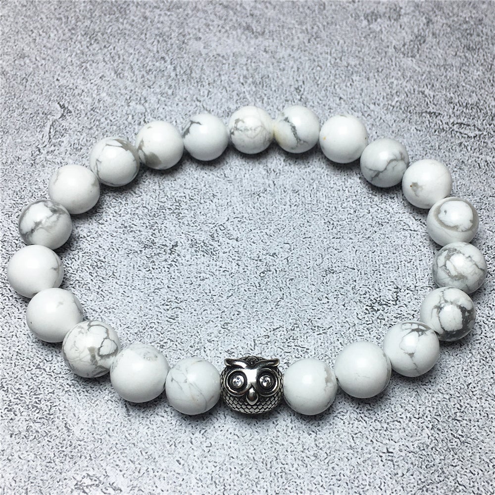 Natural Howlite Gemstone Handmade Beaded Bracelet Adjustable Bracelet Owl Design