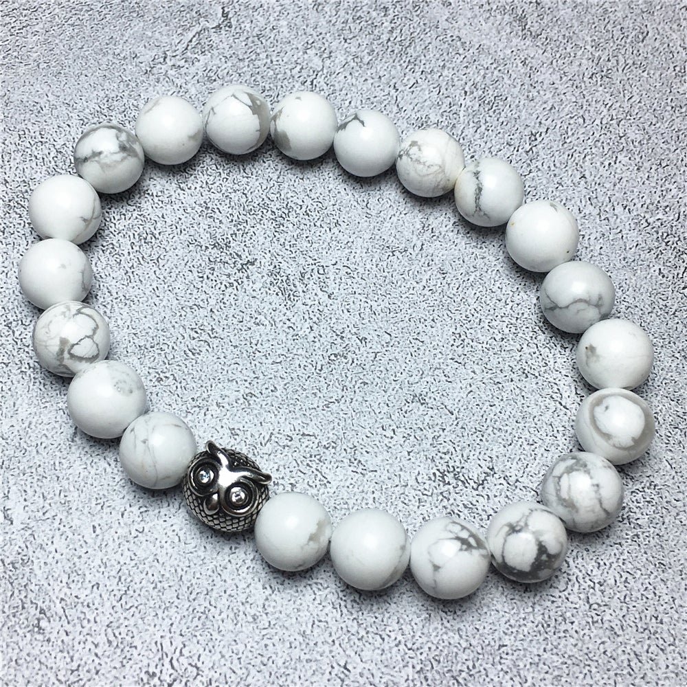 Natural Howlite Gemstone Handmade Beaded Bracelet Adjustable Bracelet Owl Design