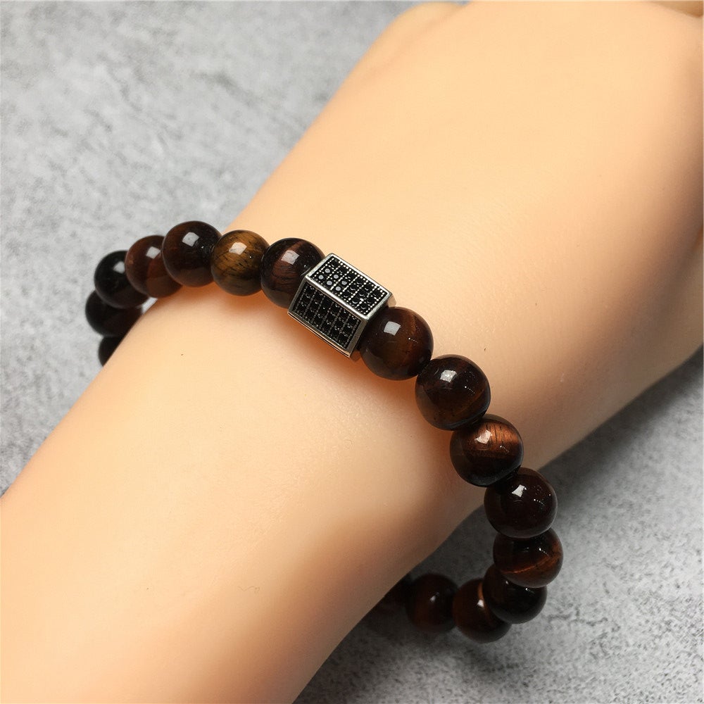 Red Tiger Eye Stone Beads with Black Striped CZ Charms Elastic Rope Handmade Bracelets