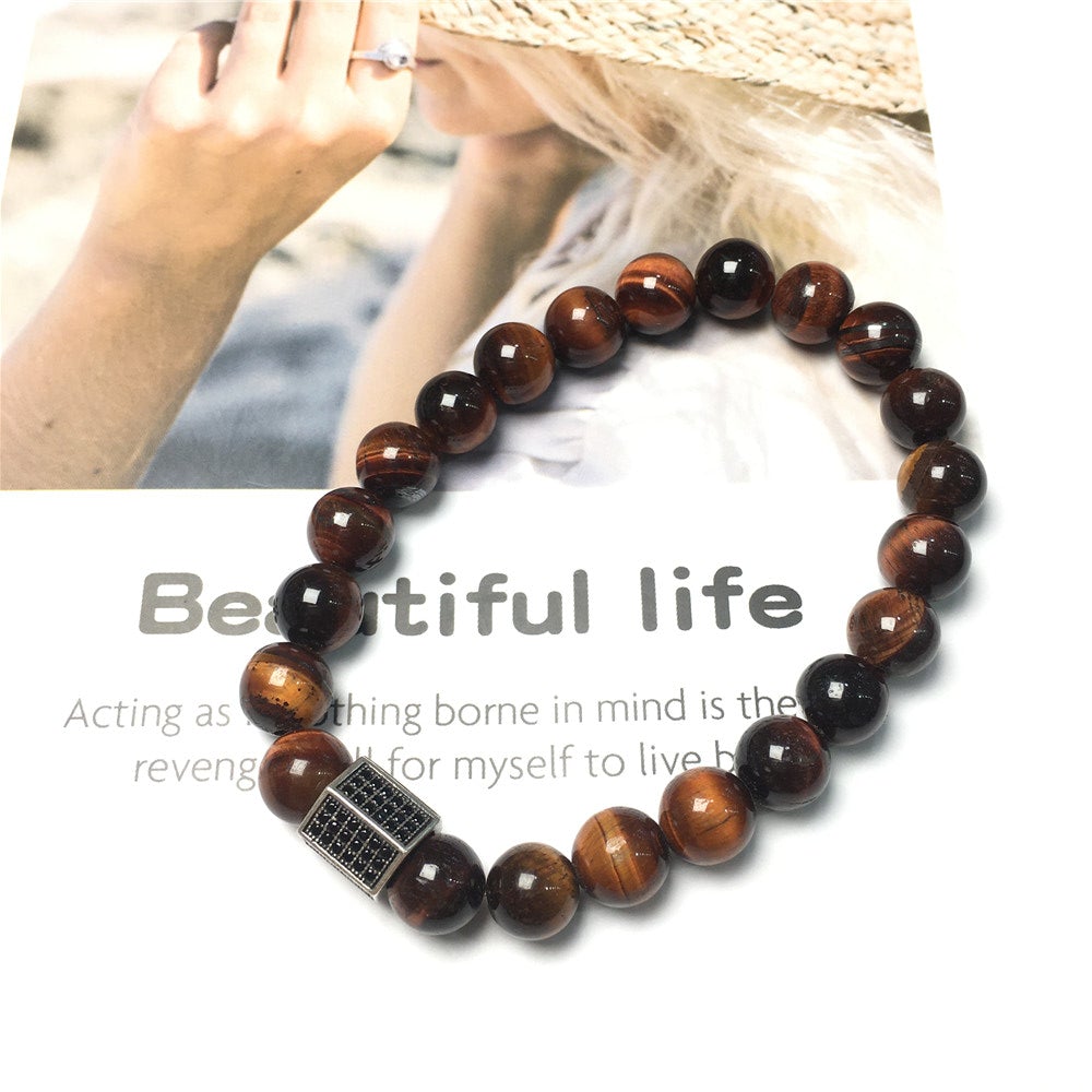 Red Tiger Eye Stone Beads with Black Striped CZ Charms Elastic Rope Handmade Bracelets