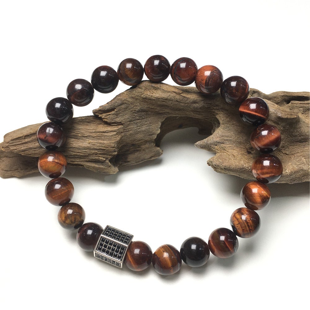 Red Tiger Eye Stone Beads with Black Striped CZ Charms Elastic Rope Handmade Bracelets