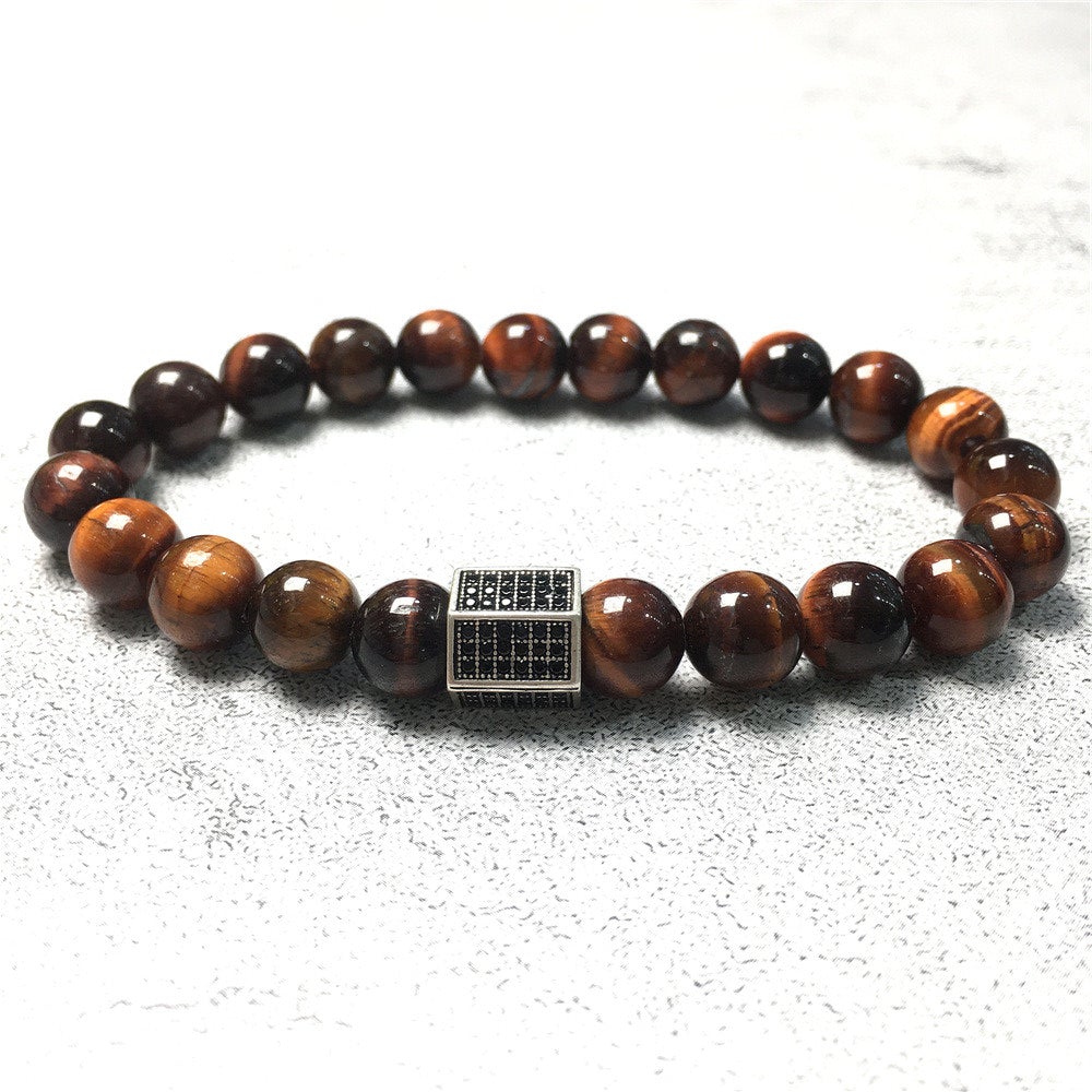 Red Tiger Eye Stone Beads with Black Striped CZ Charms Elastic Rope Handmade Bracelets