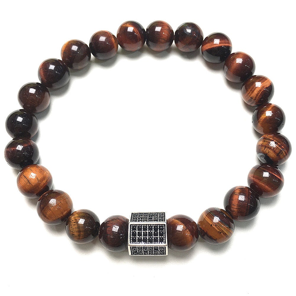 Red Tiger Eye Stone Beads with Black Striped CZ Charms Elastic Rope Handmade Bracelets