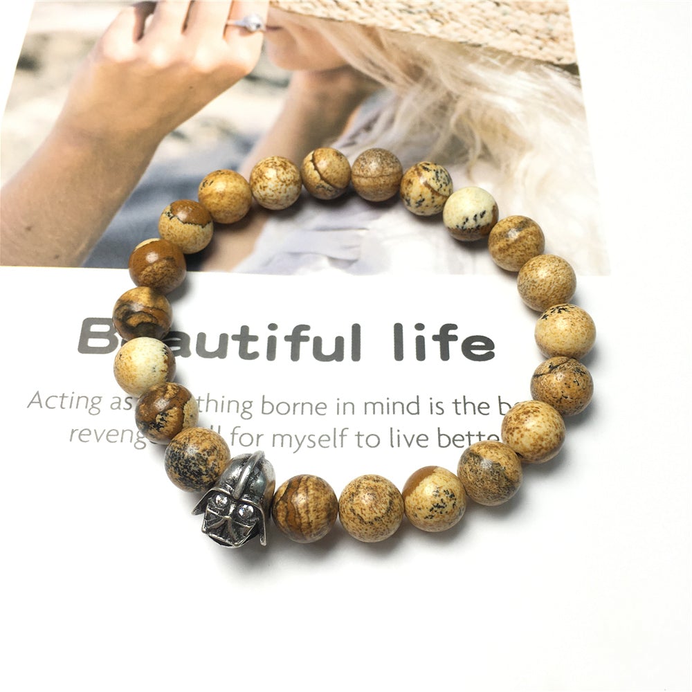 Picture Jasper Beads Gemstone with Imperial Darth Vader Charms Jewellery Elastic Handmade Bracelets