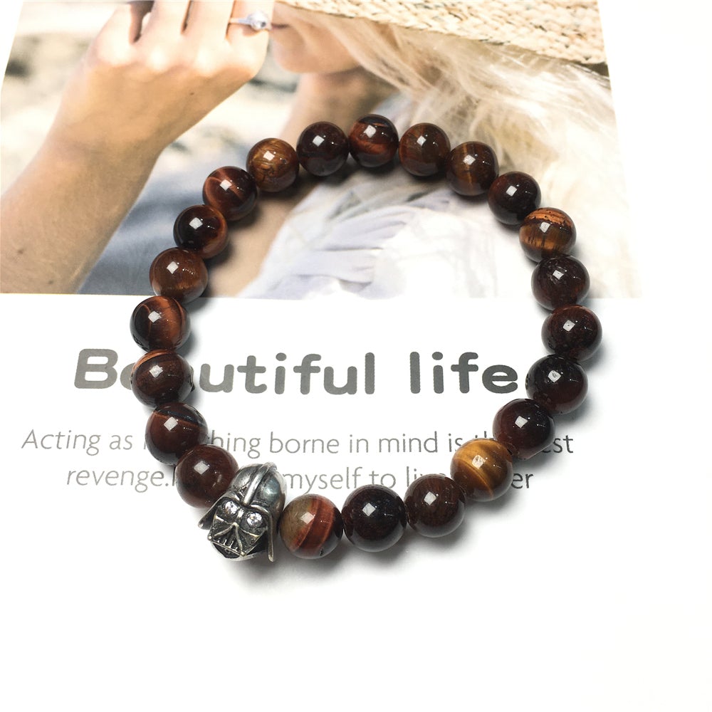 Red Tiger Eye Beads Gemstone with Imperial Darth Vader Charms Jewellery Elastic Handmade Bracelets