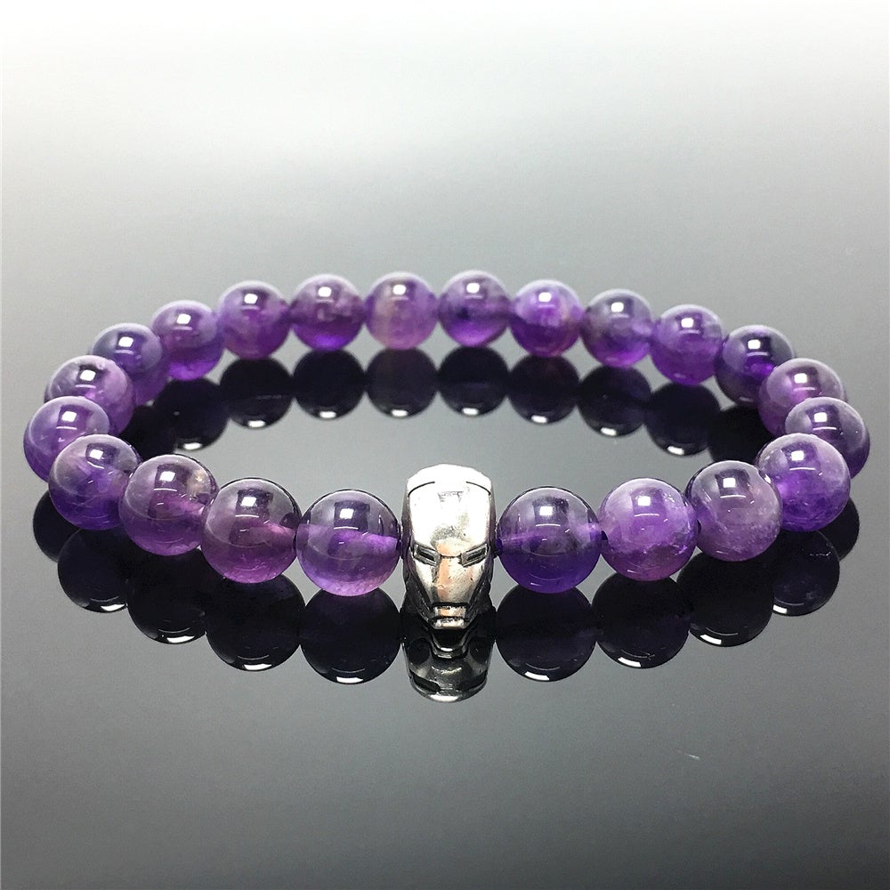 Super Hero Iron Man Bracelet Purple Amethyst Beads Elastic Handmade Jewelry Accessories