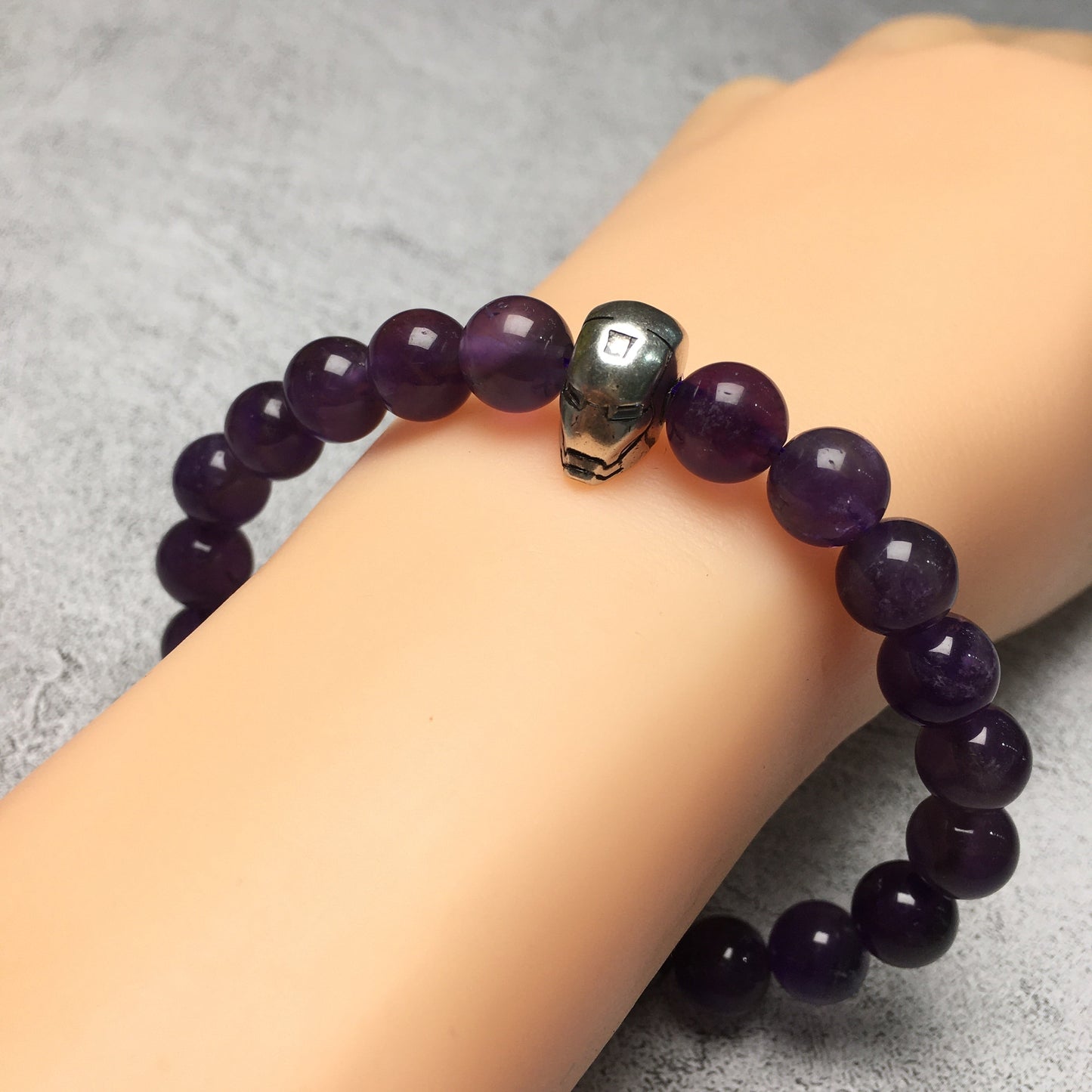 Super Hero Iron Man Bracelet Purple Amethyst Beads Elastic Handmade Jewelry Accessories