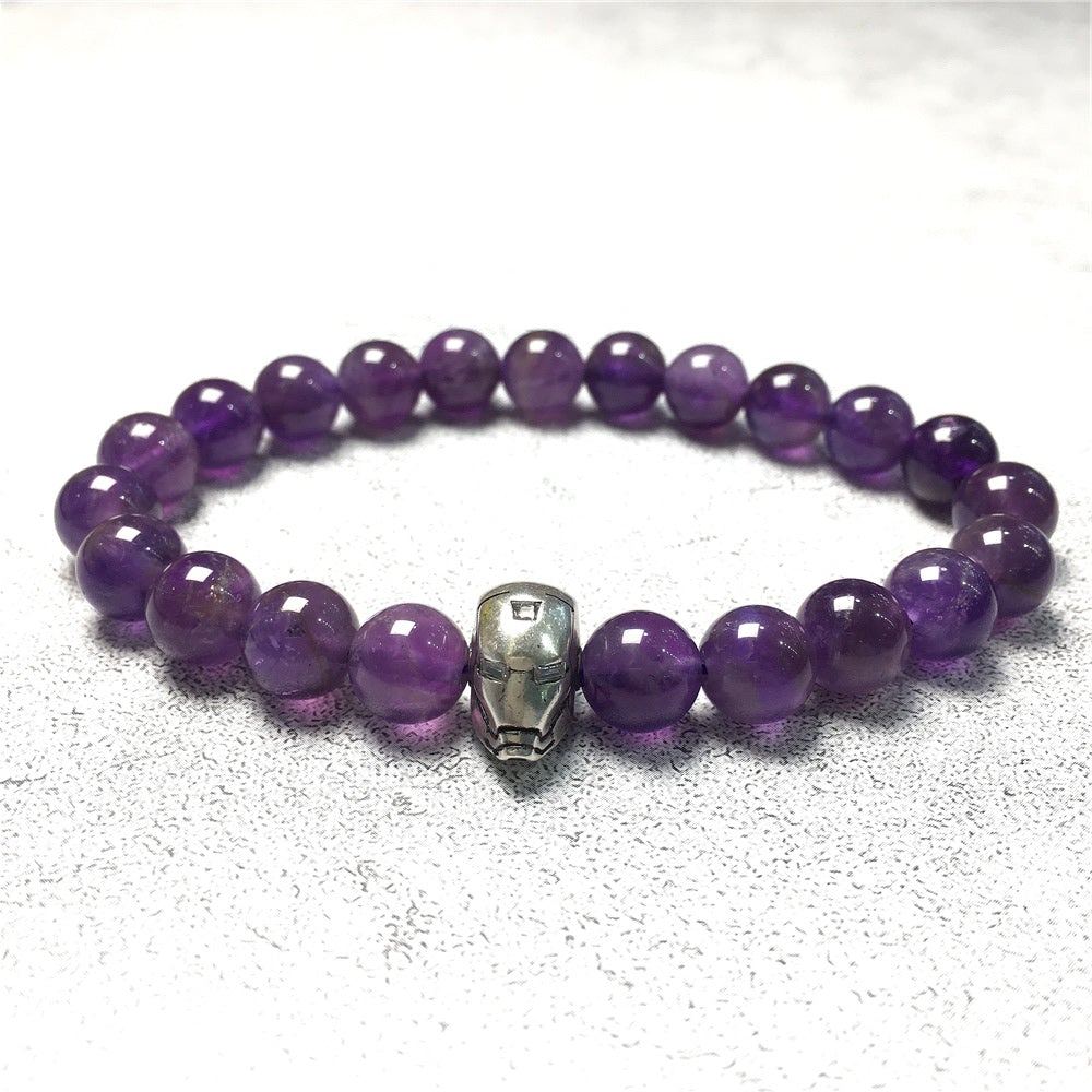 Super Hero Iron Man Bracelet Purple Amethyst Beads Elastic Handmade Jewelry Accessories