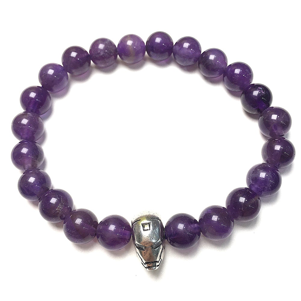 Super Hero Iron Man Bracelet Purple Amethyst Beads Elastic Handmade Jewelry Accessories