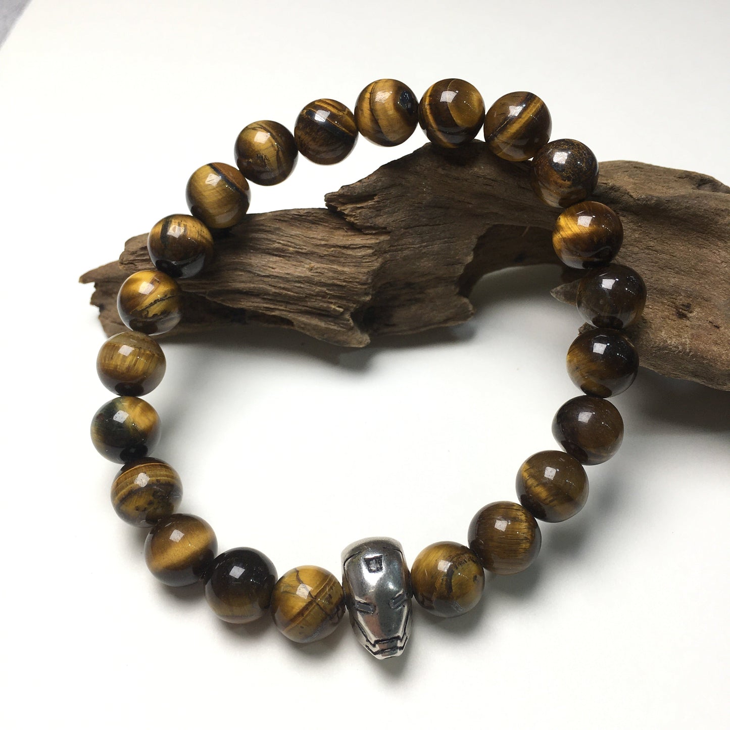 Super Hero Iron Man Bracelet Tiger Eye Beads Elastic Handmade Jewelry Accessories