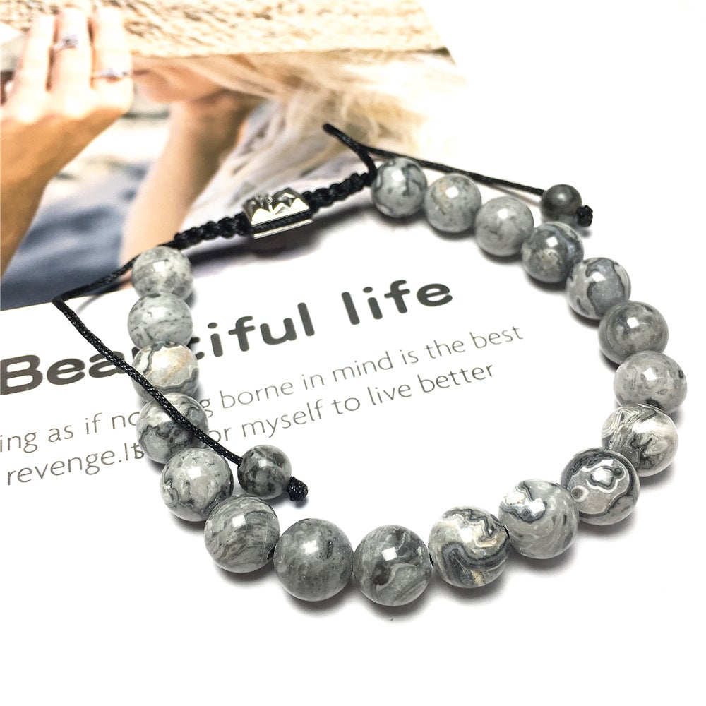 Natural Map Stone Gemstone Beads Bracelet Handmade Round Beaded Bracelet