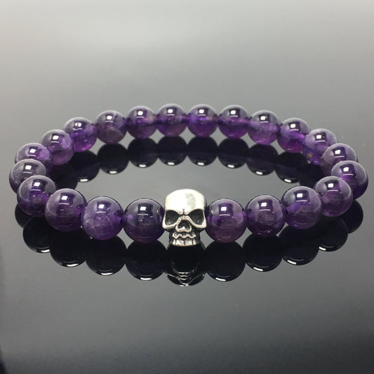 Purple Amethyst Gemstone Unisex Handmade Stretch Bracelet Imperial Skull Charm