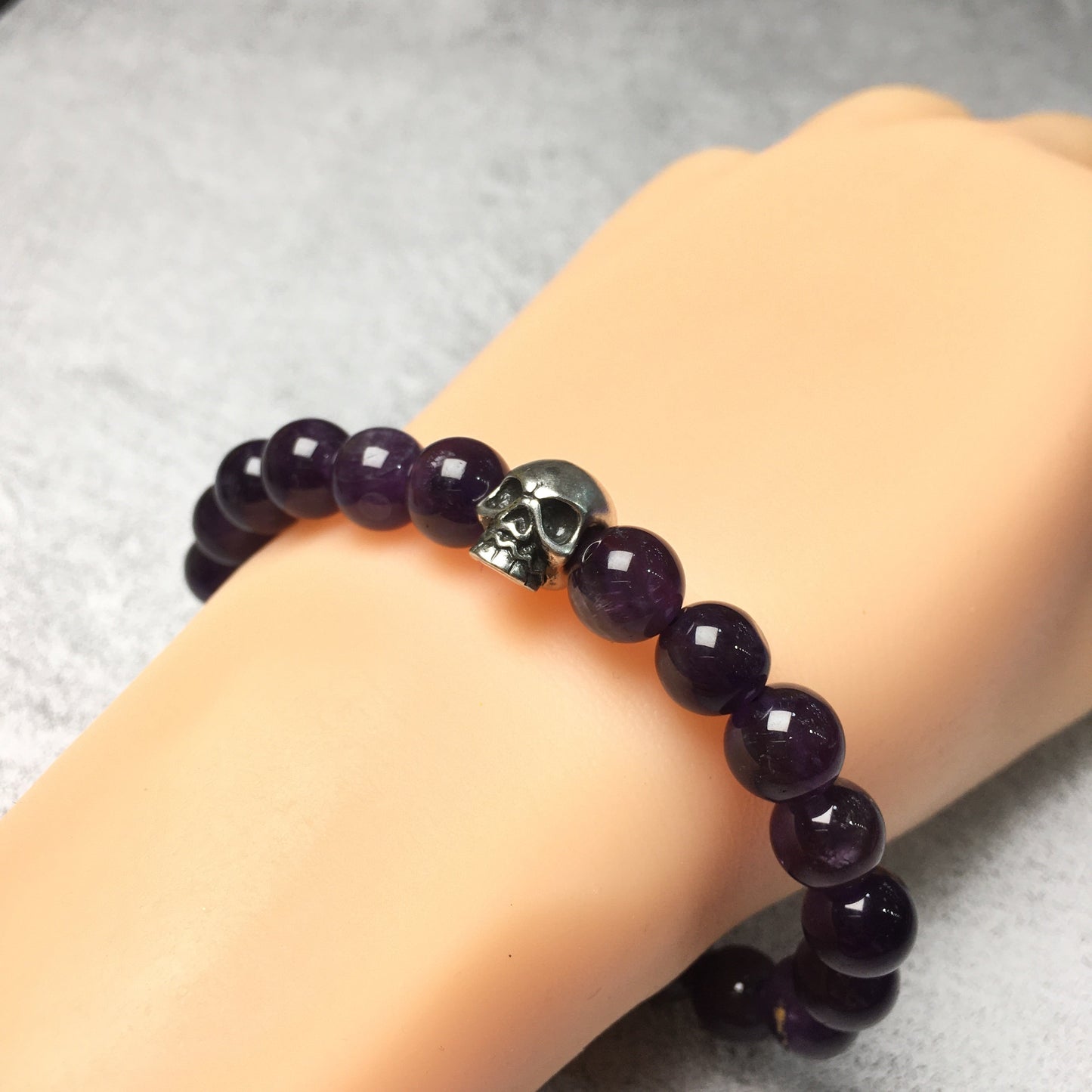 Purple Amethyst Gemstone Unisex Handmade Stretch Bracelet Imperial Skull Charm