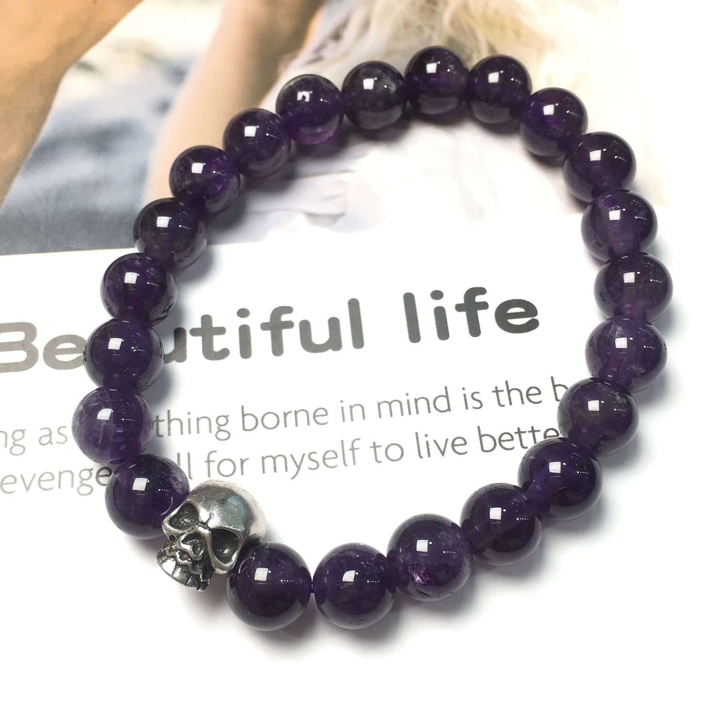 Purple Amethyst Gemstone Unisex Handmade Stretch Bracelet Imperial Skull Charm