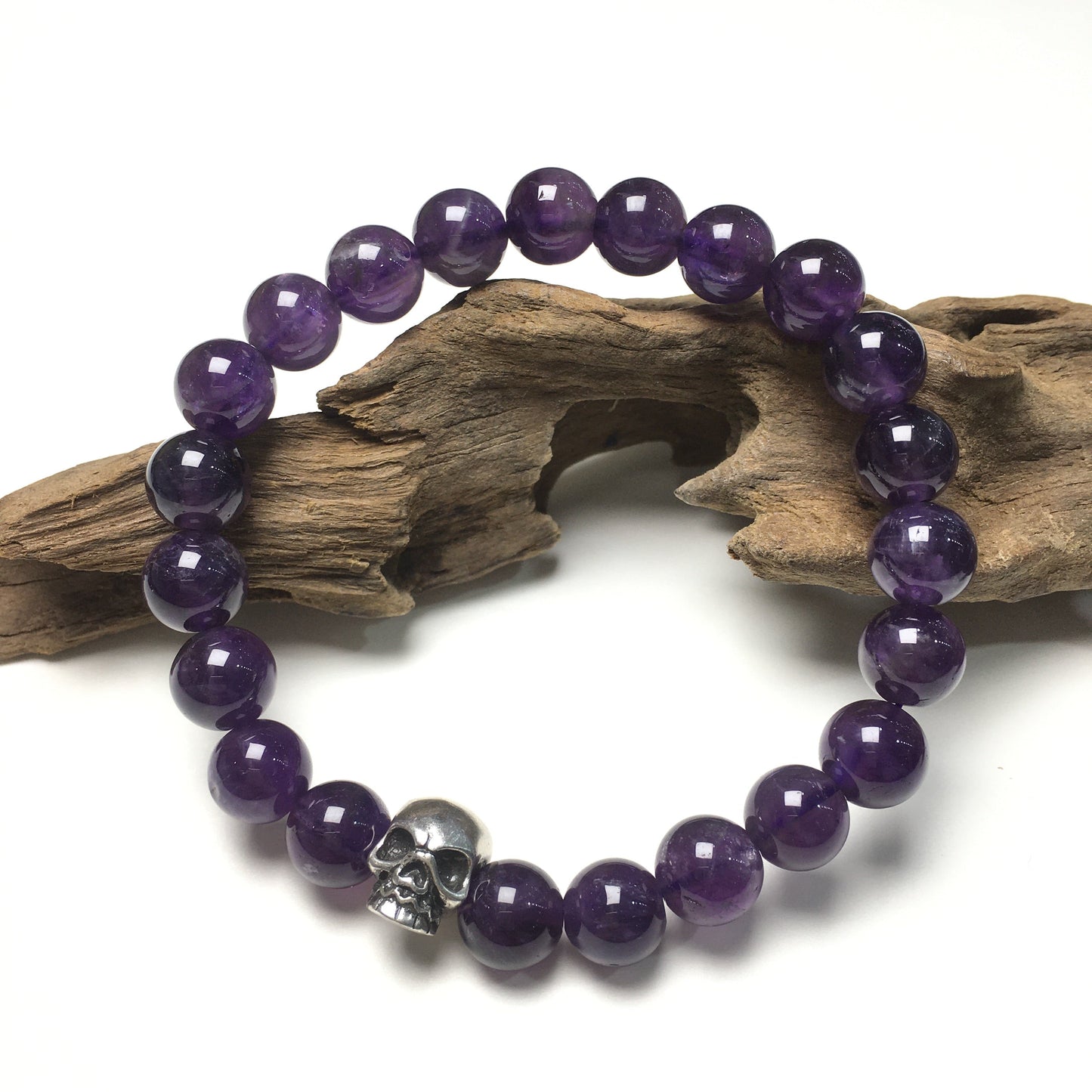 Purple Amethyst Gemstone Unisex Handmade Stretch Bracelet Imperial Skull Charm