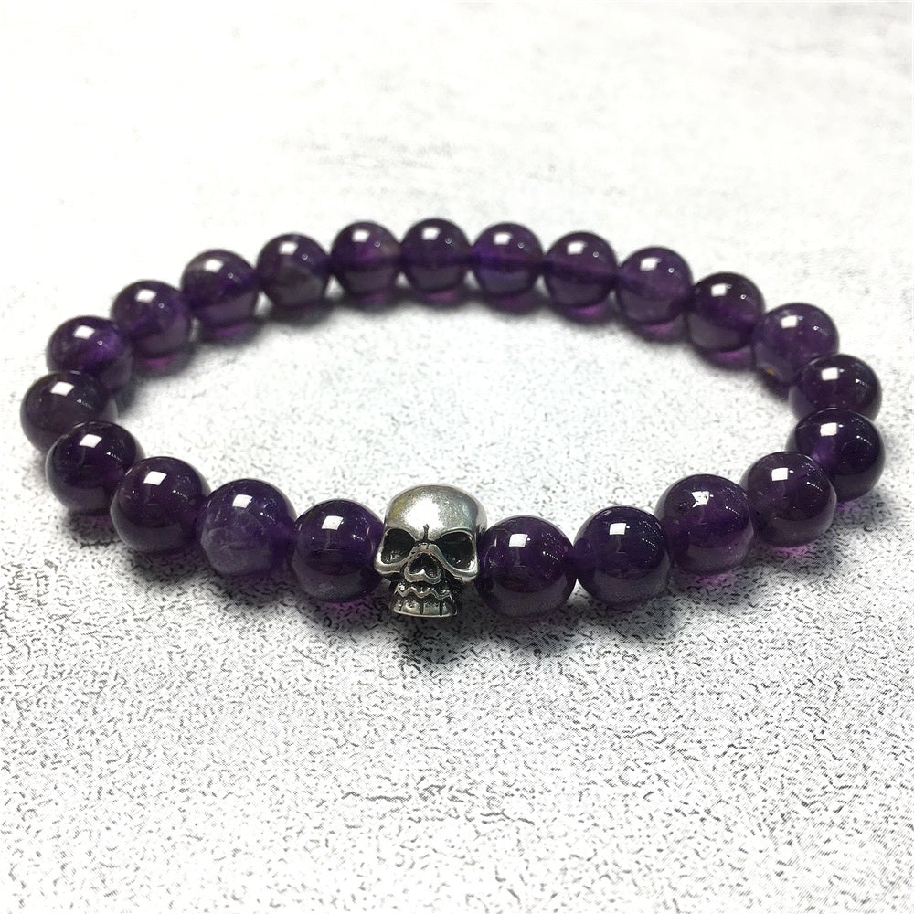 Purple Amethyst Gemstone Unisex Handmade Stretch Bracelet Imperial Skull Charm