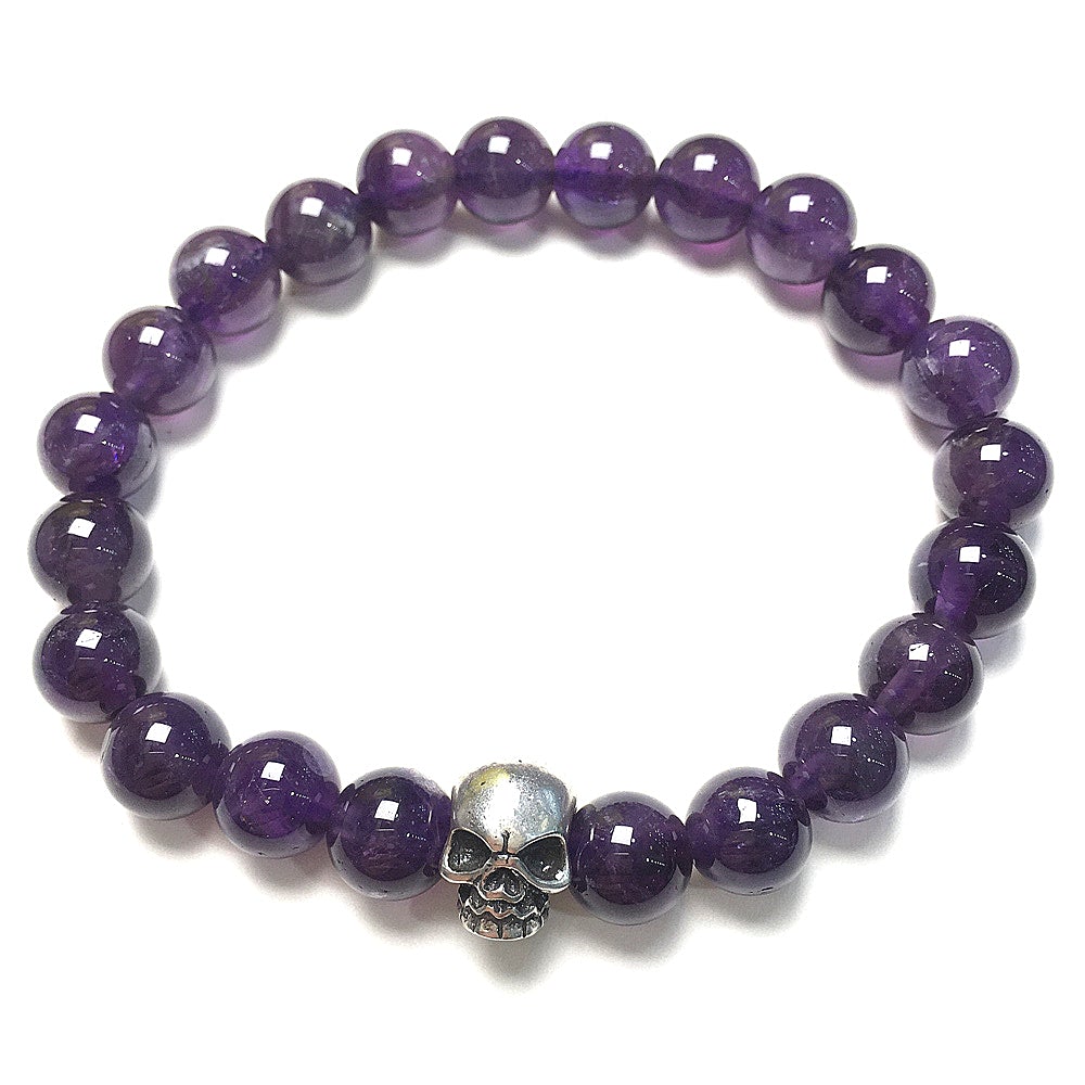 Purple Amethyst Gemstone Unisex Handmade Stretch Bracelet Imperial Skull Charm