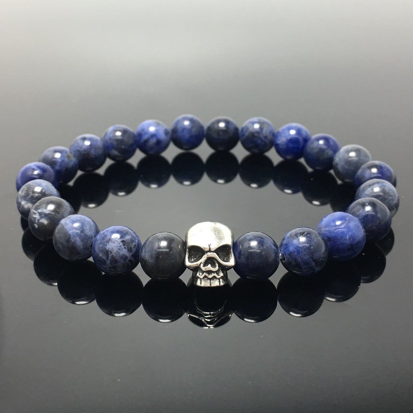 Sodalite Gemstone Unisex Handmade Stretch Bracelet Imperial Skull Charm