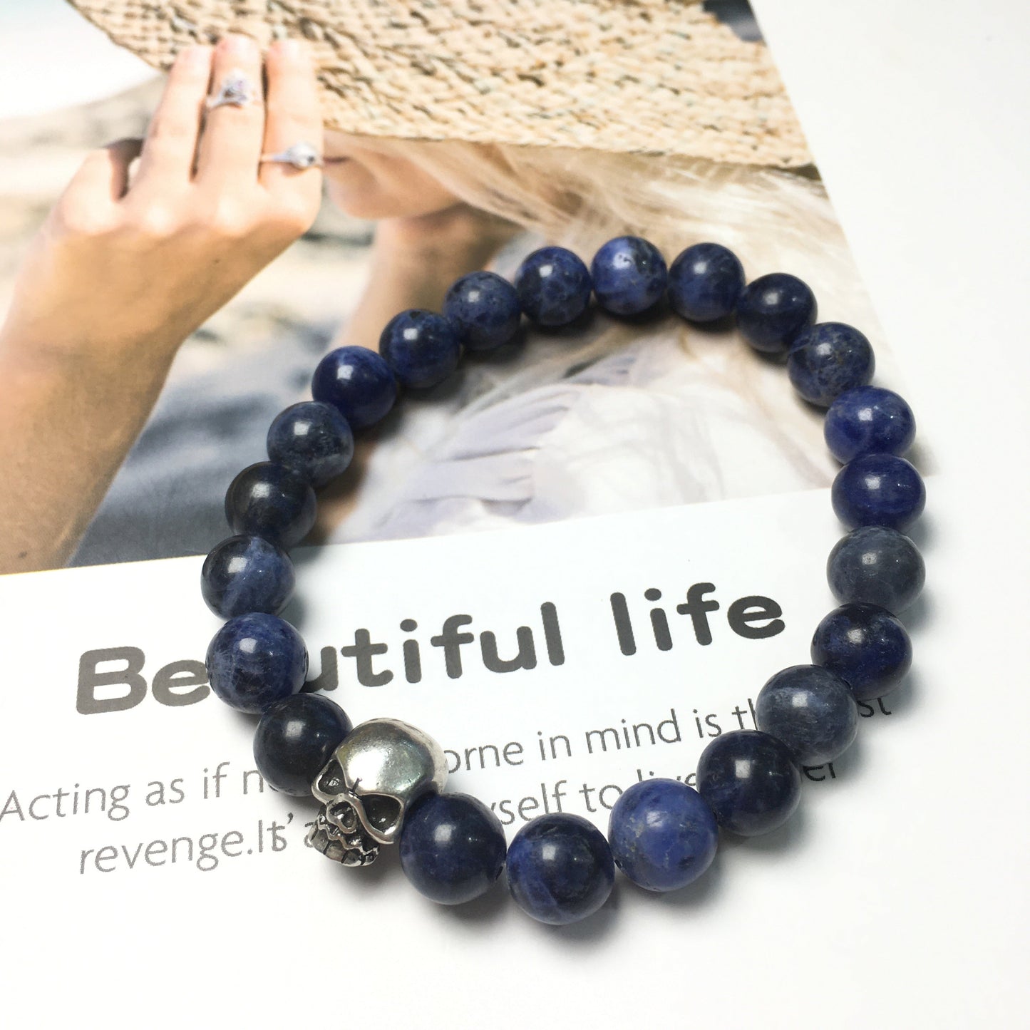 Sodalite Gemstone Unisex Handmade Stretch Bracelet Imperial Skull Charm