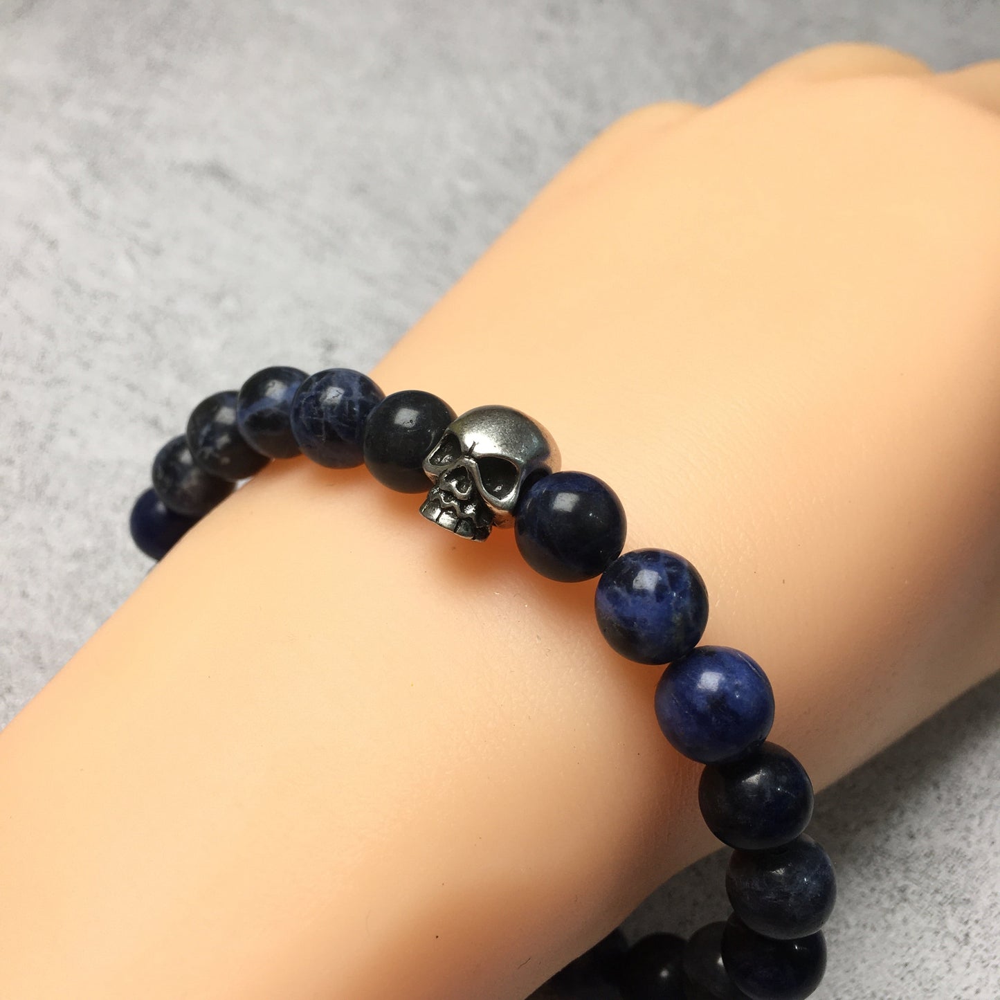 Sodalite Gemstone Unisex Handmade Stretch Bracelet Imperial Skull Charm