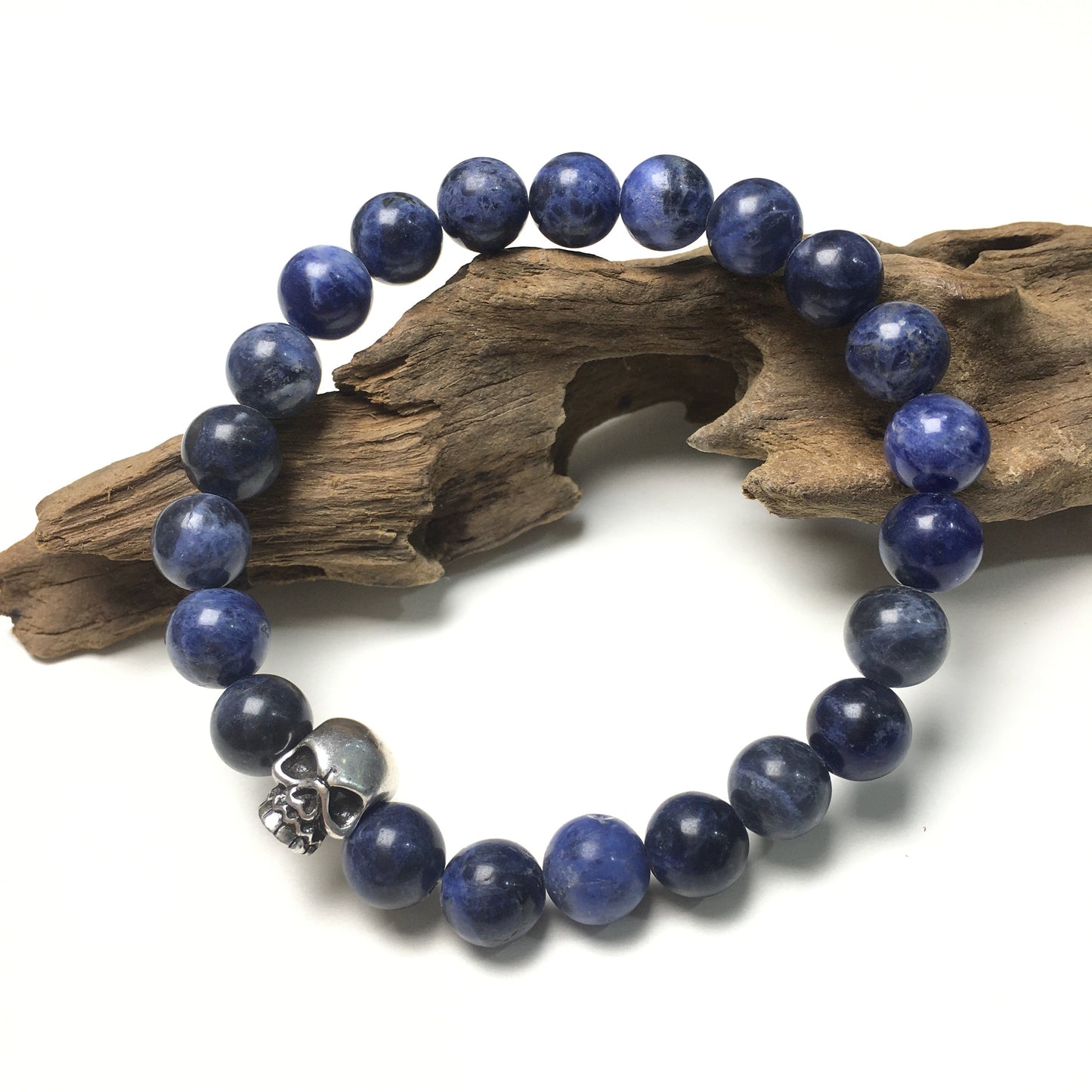 Sodalite Gemstone Unisex Handmade Stretch Bracelet Imperial Skull Charm