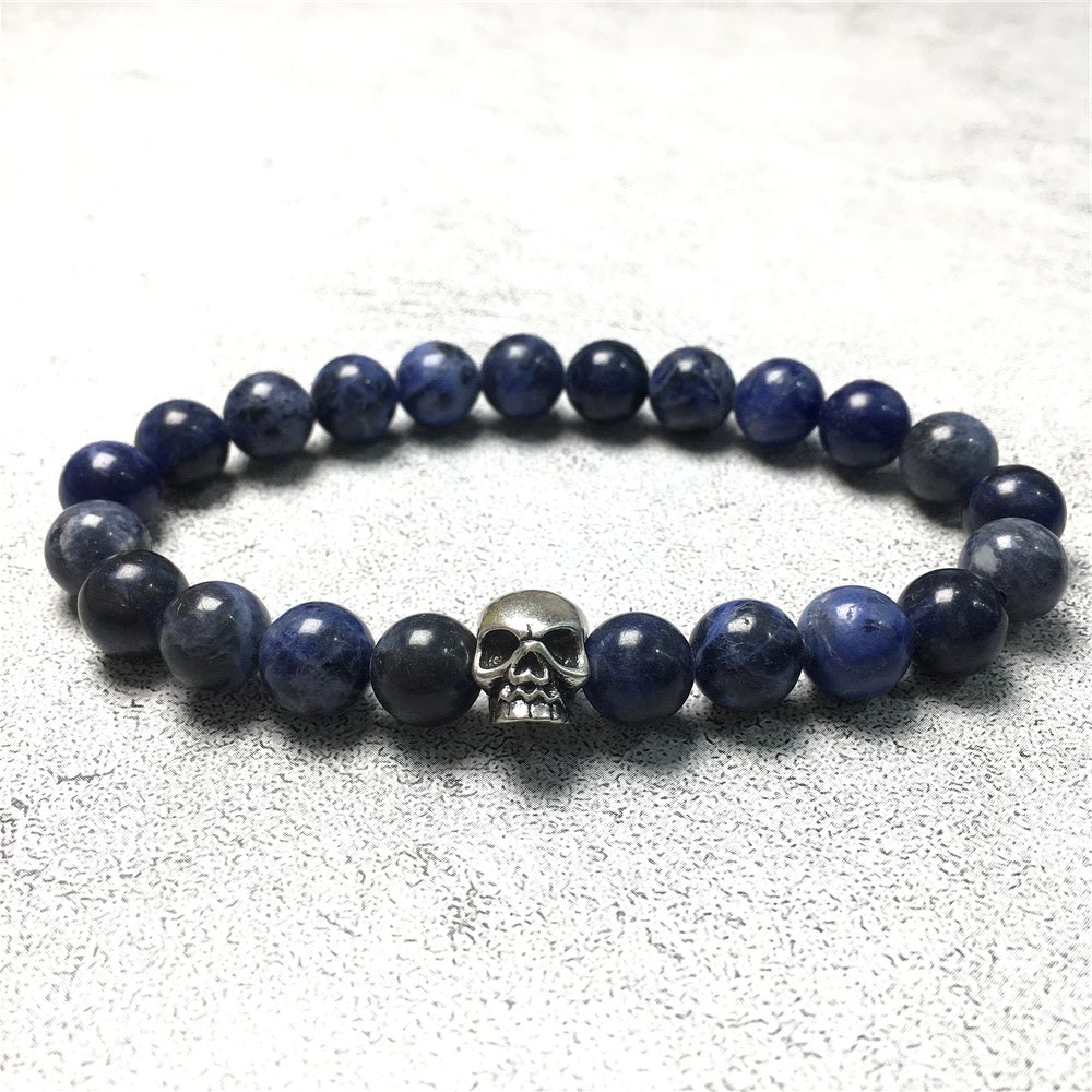 Sodalite Gemstone Unisex Handmade Stretch Bracelet Imperial Skull Charm