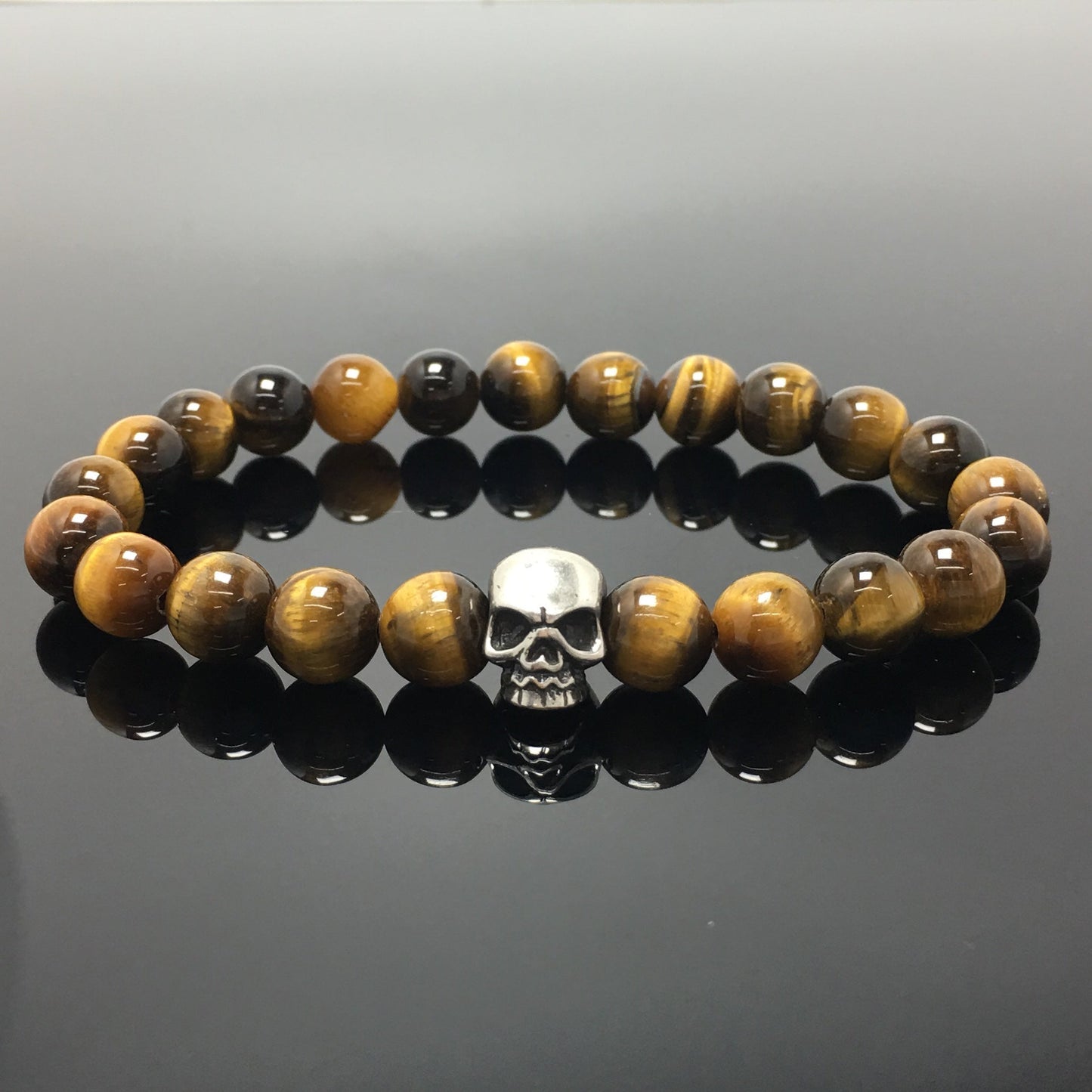 Tiger’s Eye Gemstone Unisex Handmade Stretch Bracelet Imperial Skull Charm