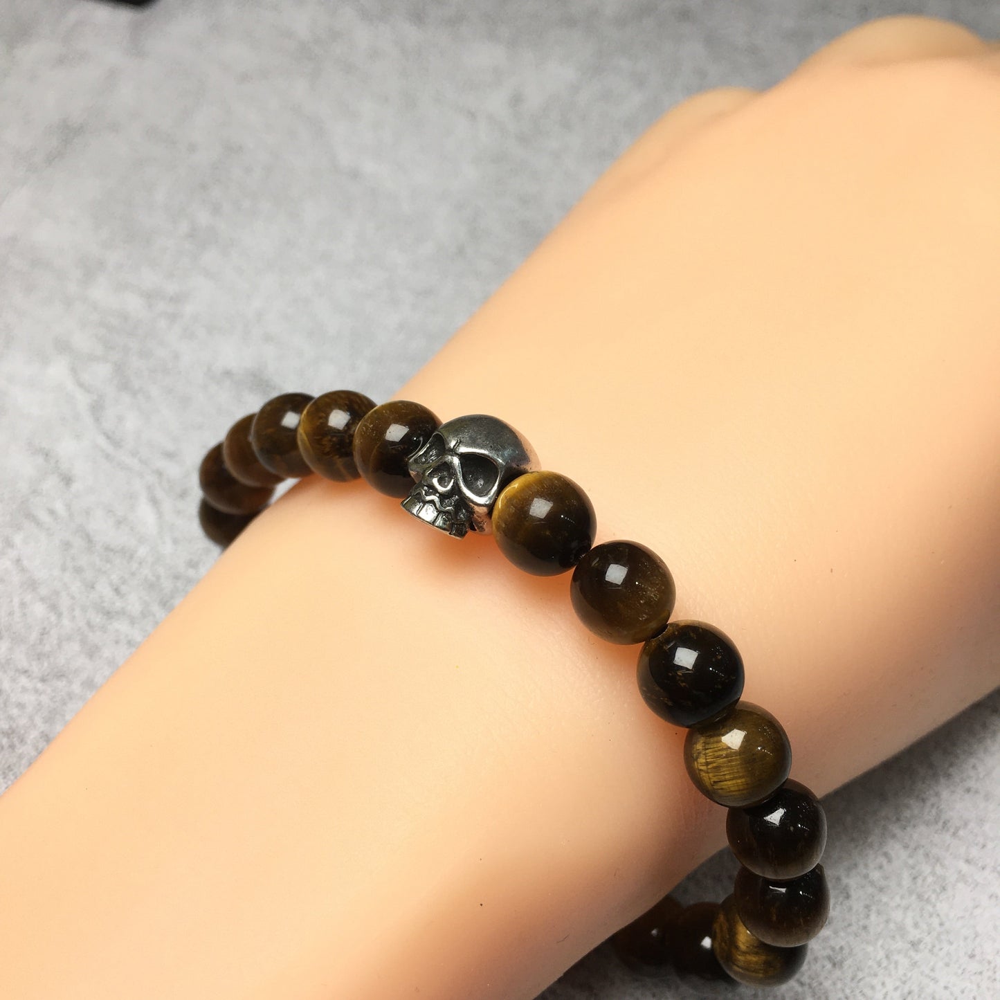 Tiger’s Eye Gemstone Unisex Handmade Stretch Bracelet Imperial Skull Charm