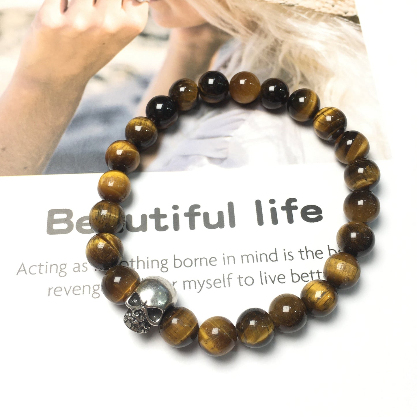 Tiger’s Eye Gemstone Unisex Handmade Stretch Bracelet Imperial Skull Charm