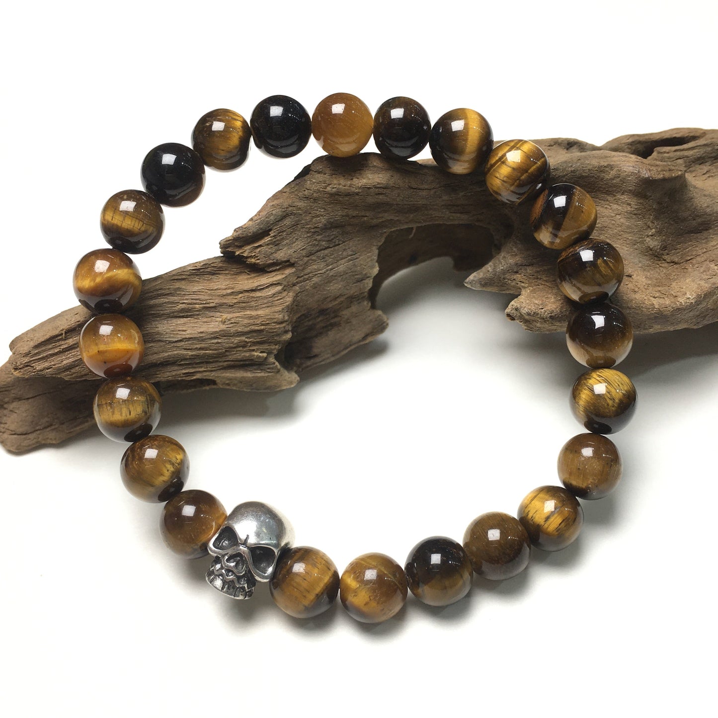 Tiger’s Eye Gemstone Unisex Handmade Stretch Bracelet Imperial Skull Charm