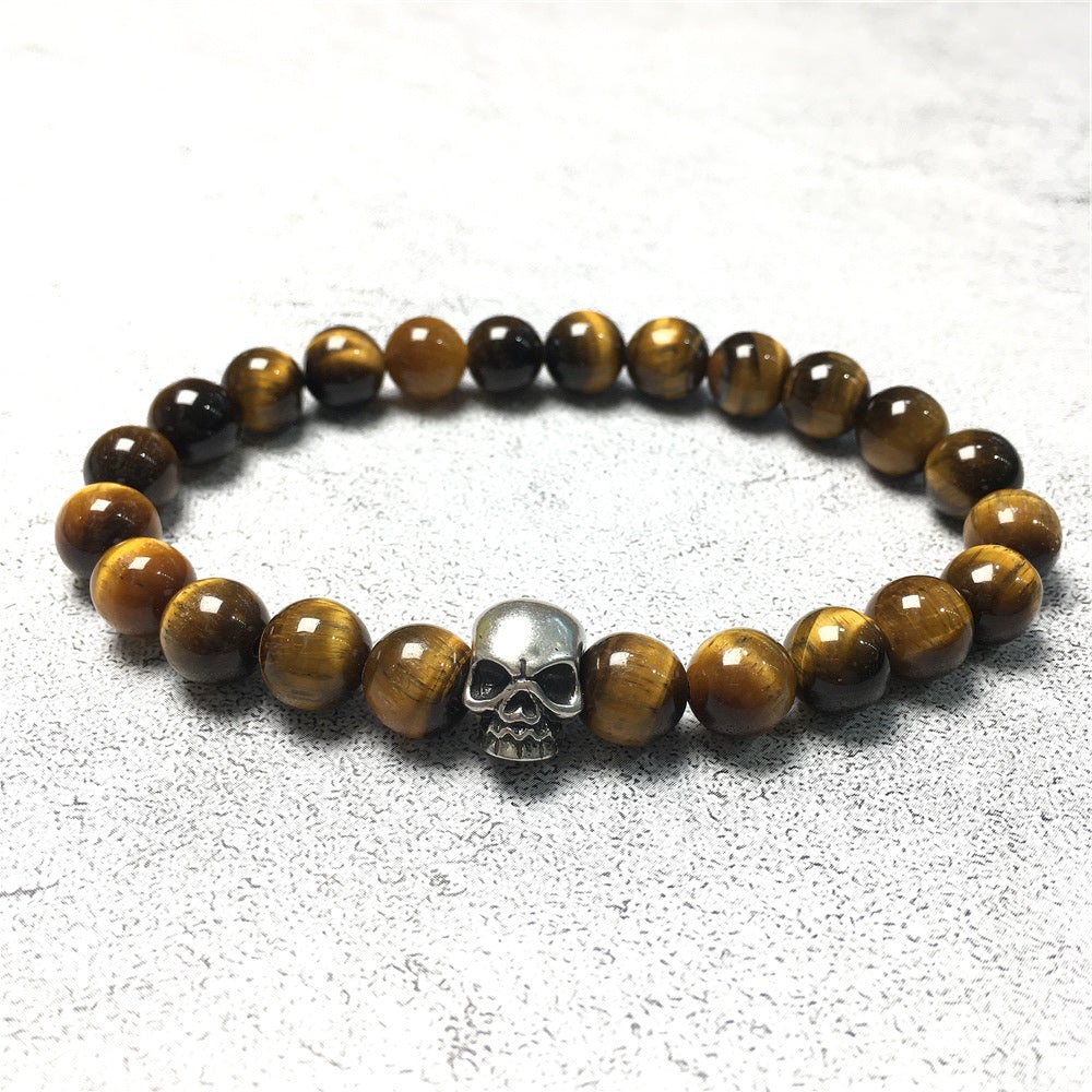 Tiger’s Eye Gemstone Unisex Handmade Stretch Bracelet Imperial Skull Charm