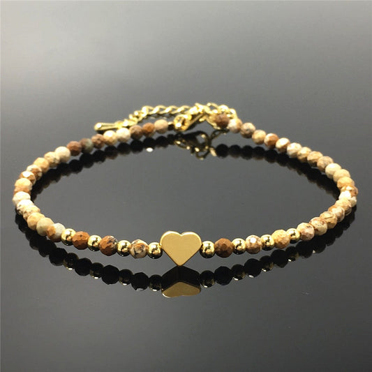 Picture Jasper Gemstone Adjustable tiny Beads Gemstone Bracelet with Love Heart Charm