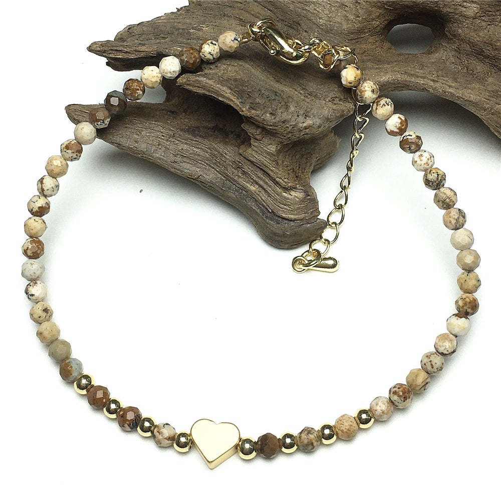 Picture Jasper Gemstone Adjustable tiny Beads Gemstone Bracelet with Love Heart Charm