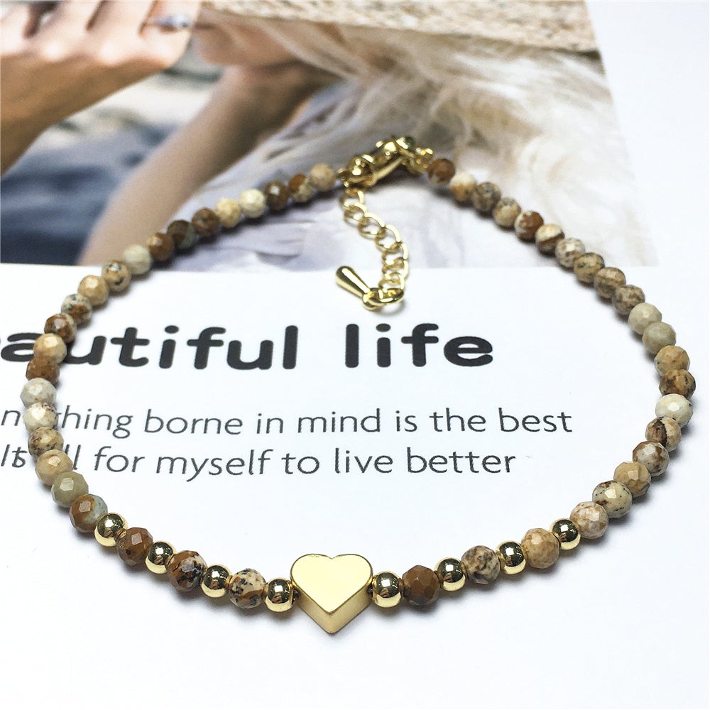 Picture Jasper Gemstone Adjustable tiny Beads Gemstone Bracelet with Love Heart Charm