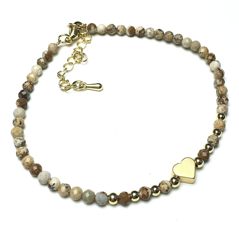 Picture Jasper Gemstone Adjustable tiny Beads Gemstone Bracelet with Love Heart Charm