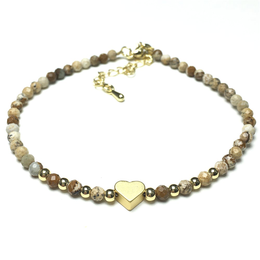 Picture Jasper Gemstone Adjustable tiny Beads Gemstone Bracelet with Love Heart Charm