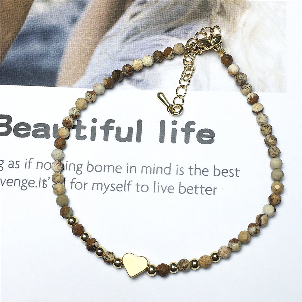 Picture Jasper Gemstone Adjustable tiny Beads Gemstone Bracelet with Love Heart Charm