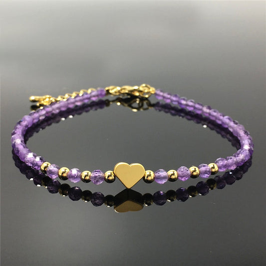 Purple Amethyst Gemstone Adjustable tiny Beads Gemstone Bracelet with Love Heart Charm